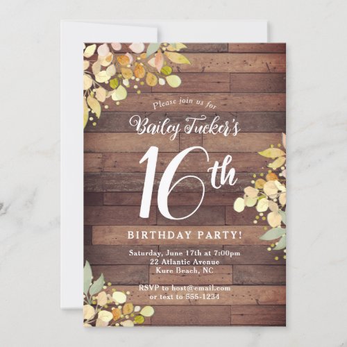 Rustic Sweet 16 Fall Florals Leaves 16th Birthday Invitation