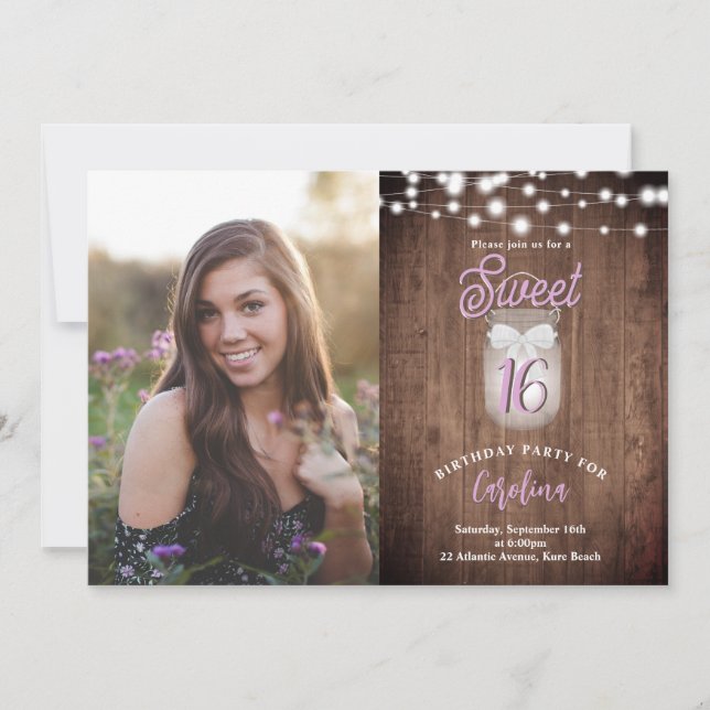 Rustic Sweet 16 Mason Jar Lights Purple Birthday Invitation (Front)