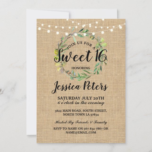 Rustic Sweet 16 Party Burlap Green Wreath Invite (Front)