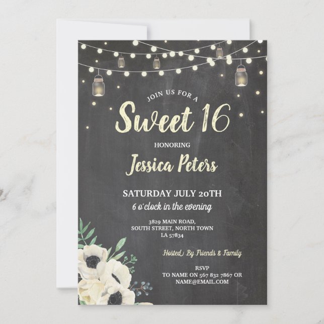 Rustic Sweet 16 Party Chalk Jars Cream Fireflies Invitation (Front)