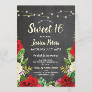 Rustic Sweet 16 Party Chalk Red Roses Flower Invitation