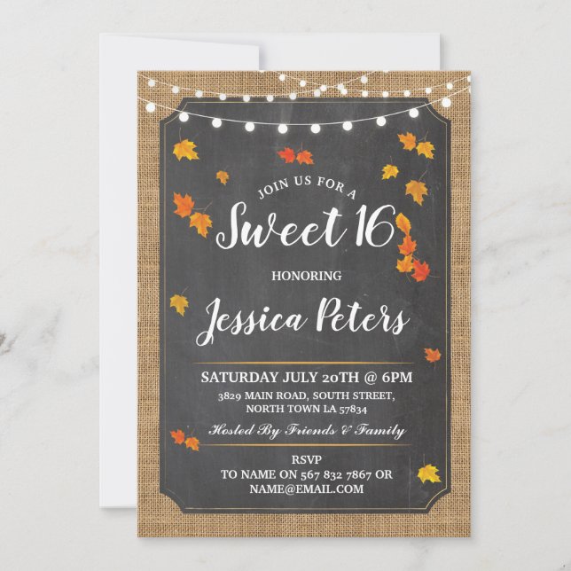 Rustic Sweet 16 Party Fall Chalk Lights Invite (Front)