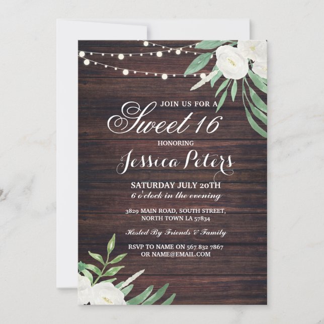Rustic Sweet 16 Party Floral White Flower Invite (Front)