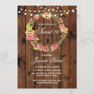 Rustic Sweet 16 Party Floral Wreath Flowers Invite
