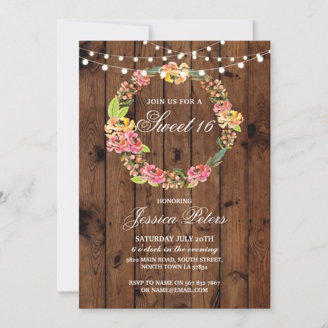 Rustic Sweet 16 Party Floral Wreath Flowers Invite (Front)
