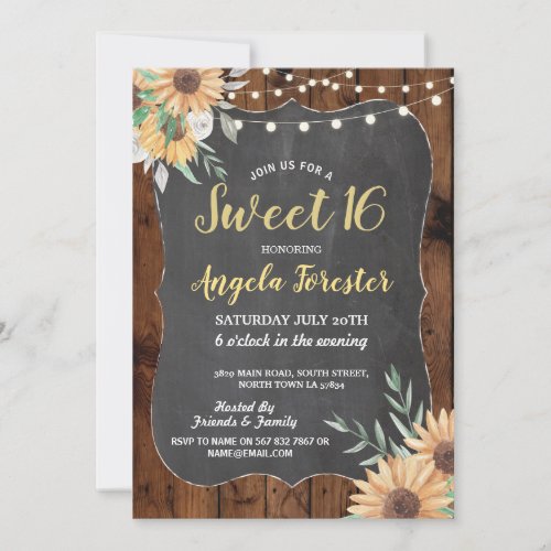 Rustic Sweet 16 Party Wood Floral Lights Sunflower Invitation