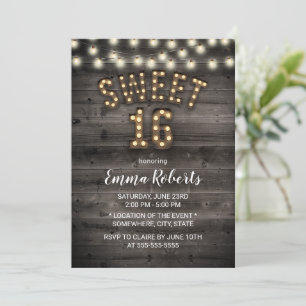 Rustic Sweet 16 String Lights Barn Wood Birthday Invitation