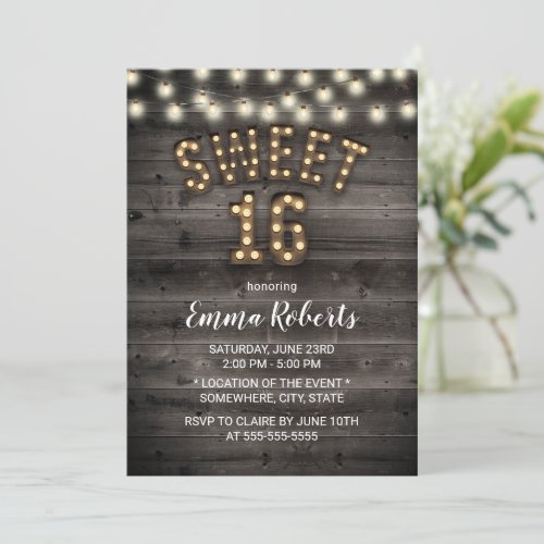 Rustic Sweet 16 String Lights Barn Wood Birthday Invitation
