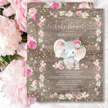 Rustic Sweet Baby Girl Elephant Baby Shower Invitation by invitationstop at Zazzle