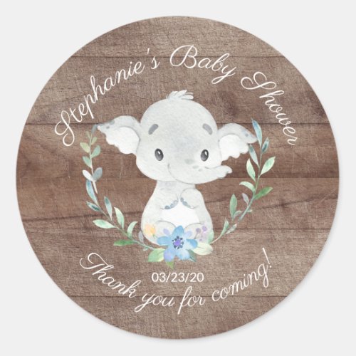 Rustic Sweet Elephant Boys Baby Shower Favor Classic Round Sticker