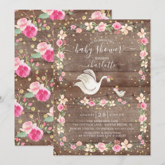 Rustic Sweet Mom & Baby Swan Baby Shower Invitation (Front/Back)