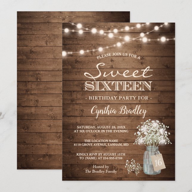 Rustic Sweet Sixteen Baby's Breath String Lights Invitation (Front/Back)