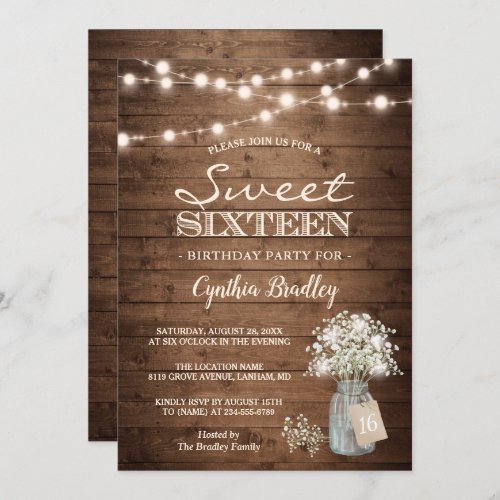 Rustic Sweet Sixteen Babys Breath String Lights Invitation