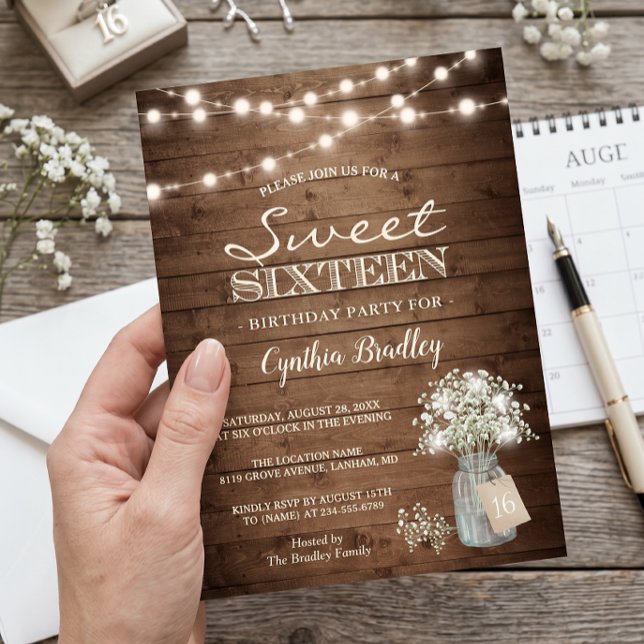 Rustic Sweet Sixteen Baby's Breath String Lights Invitation (Creator Uploaded)