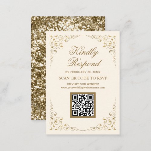 Rustic Swirl Frame Cream Gold QR Code RSVP Wedding Enclosure Card