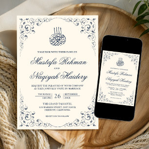 Rustic Swirl Frame Cream Navy Blue Muslim Wedding Invitation
