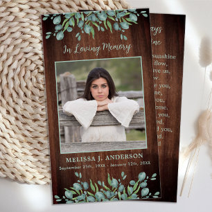 Rustic Sympathy Eucalyptus Memorial Prayer Card