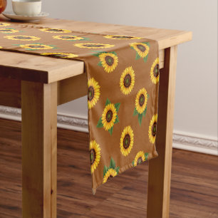Rustic Table Runner with Sunflower Print, Brown