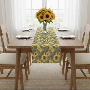 Rustic Table Runner with Sunflower Print, Brown