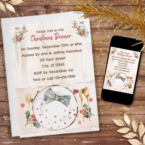 Rustic Table Setting Light Wood Christmas Dinner  Invitation