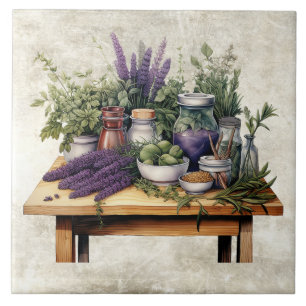 Rustic Table with Herbs Watercolors Ceramic Tile