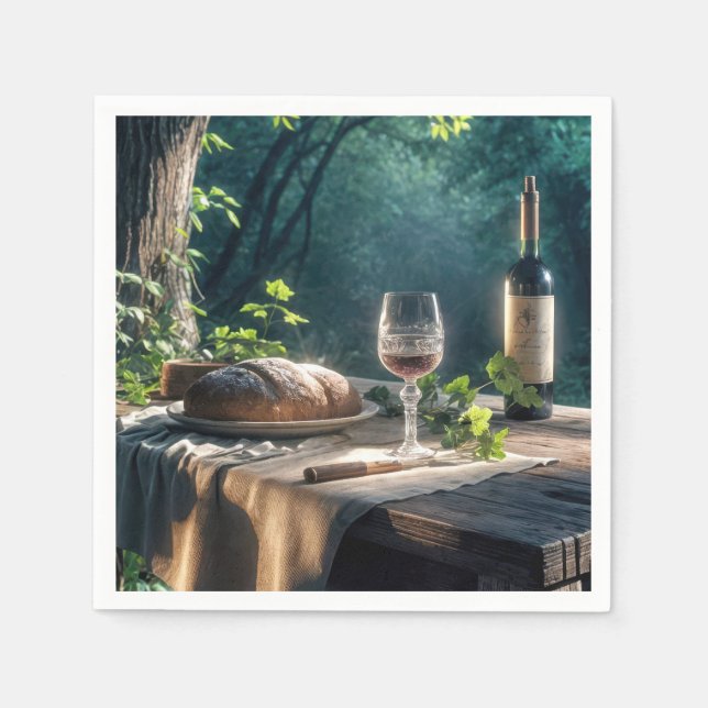 Rustic Table With Wine In A Forest Napkins (Front)