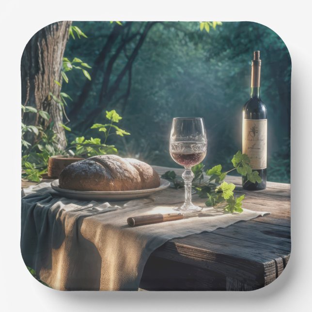 Rustic Table With Wine In A Forest Paper Plates (Front)