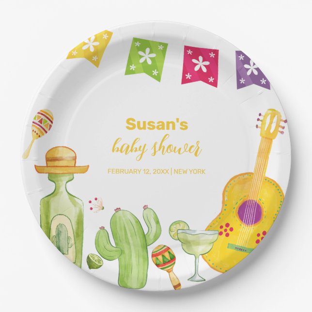 Rustic Taco 'Bout Cactus Lime Guitar Baby Shower Paper Plates (Front)