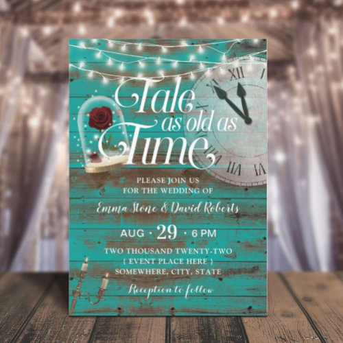 Rustic Tale as Old as Time Teal Fairytale Wedding Invitation