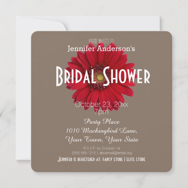 Rustic Tan and Red Daisy Theme Bridal Shower Invitation (Front)
