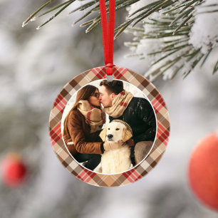 Rustic Tan and Red Plaid Christmas Photo Ornament
