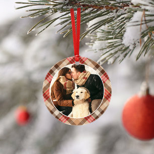 Rustic Tan and Red Plaid Christmas Photo Ornament