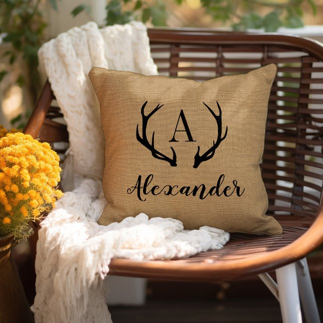 Rustic Tan Antler Monogram Throw Pillow (Creator Uploaded)