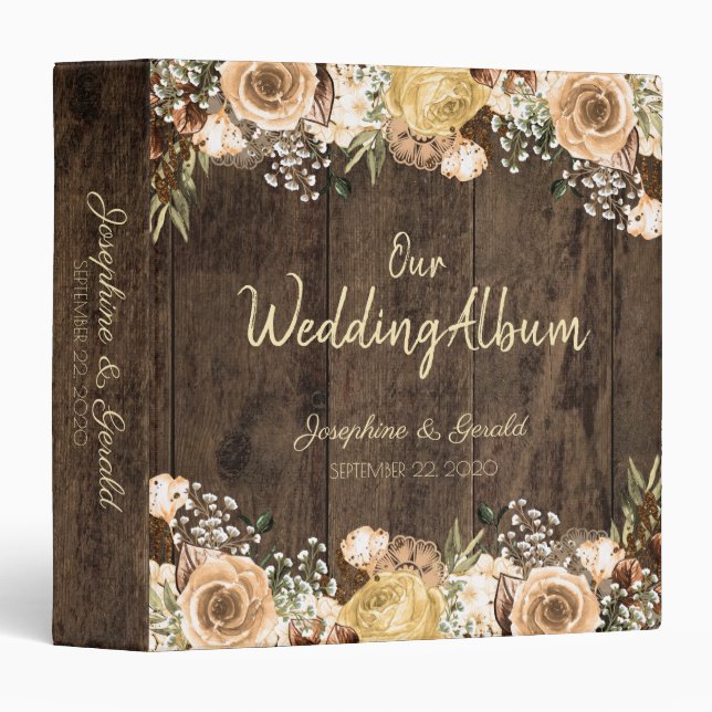 Rustic Tan Bird Wood Country Wedding Planner 3 Ring Binder (Front/Spine)