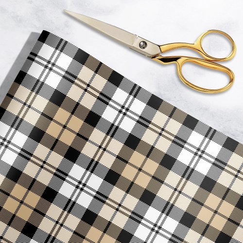 Rustic Tan Black and White Tartan Plaid Holiday Wrapping Paper