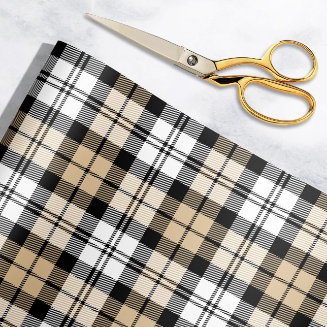 Rustic Tan Black and White Tartan Plaid Holiday Wrapping Paper (Creator Uploaded)