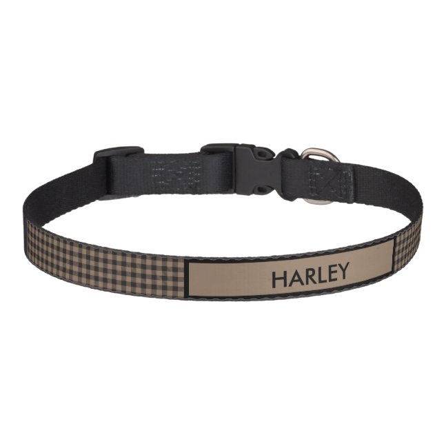 Rustic Tan Black Buffalo Plaid Monogrammed     Pet Collar (Front)