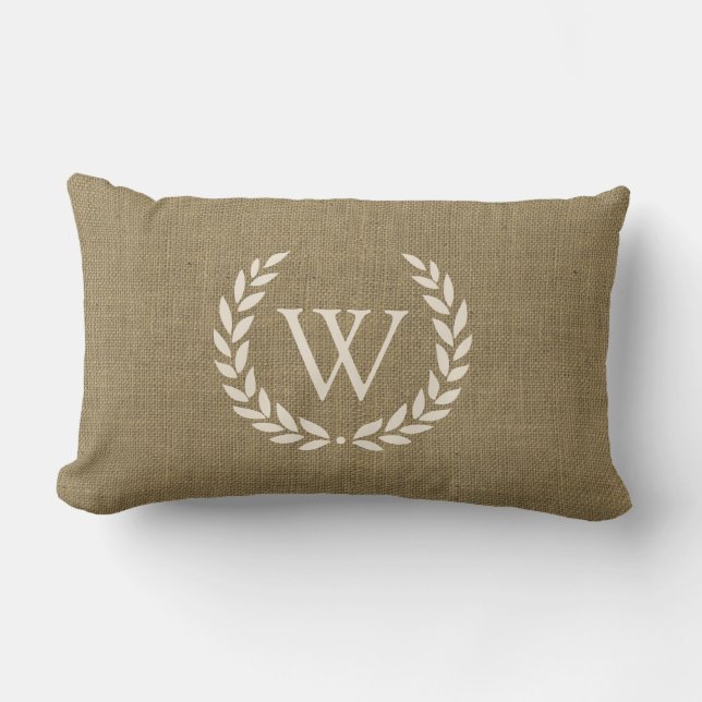 Rustic Tan Burlap Laurel Wreath Monogram Initial Lumbar Pillow (Front)
