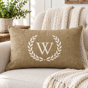 Rustic Tan Burlap Laurel Wreath Monogram Initial Lumbar Pillow