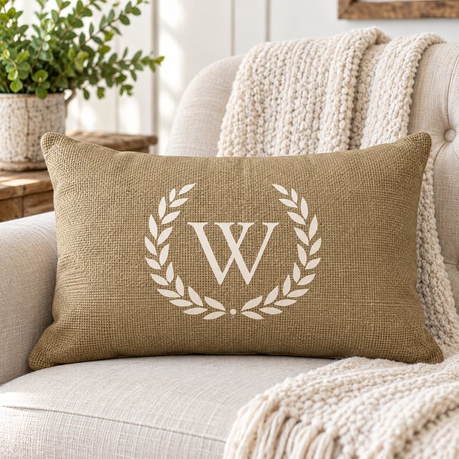 Rustic Tan Burlap Laurel Wreath Monogram Initial Lumbar Pillow (Rustic Tan Burlap Laurel Wreath Monogram Initial Lumbar Pillow)