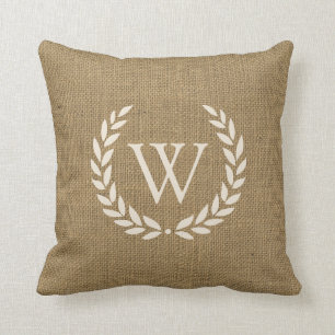 Rustic Tan Burlap Laurel Wreath Monogram Initial Throw Pillow
