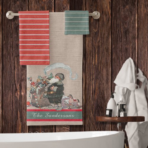 Rustic Tan Christmas Vintage Old World  Santa Bath Towel Set