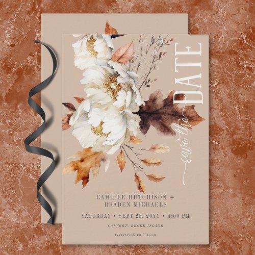 Rustic Tan Cream  Brown Fall Floral Save The Date
