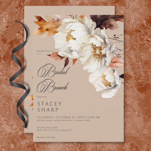 Rustic Tan  Cream Fall Floral  Leaves Brunch Invitation