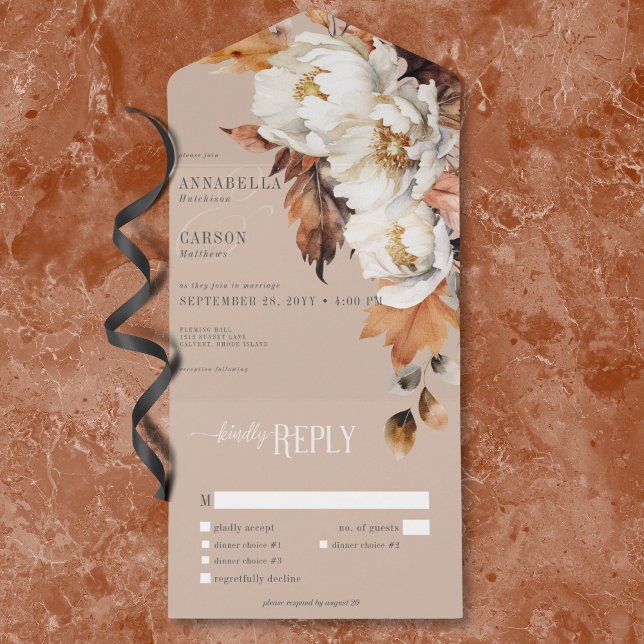 Rustic Tan & Cream Fall Floral & Leaves Dinner All In One Invitation (Rustic Tan & Cream Fall Floral & Leaves Dinner All In One Invitation)