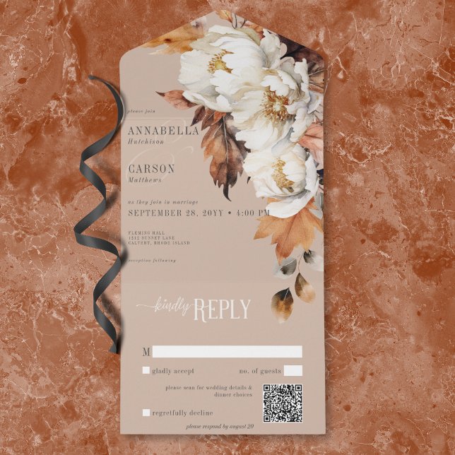 Rustic Tan & Cream Fall Floral & Leaves QR Code All In One Invitation (Rustic Tan & Cream Fall Floral & Leaves QR Code All In One Invitation)