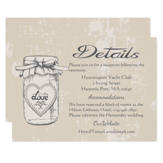 Rustic Tan Details Wedding Mason Jar Hearts Card