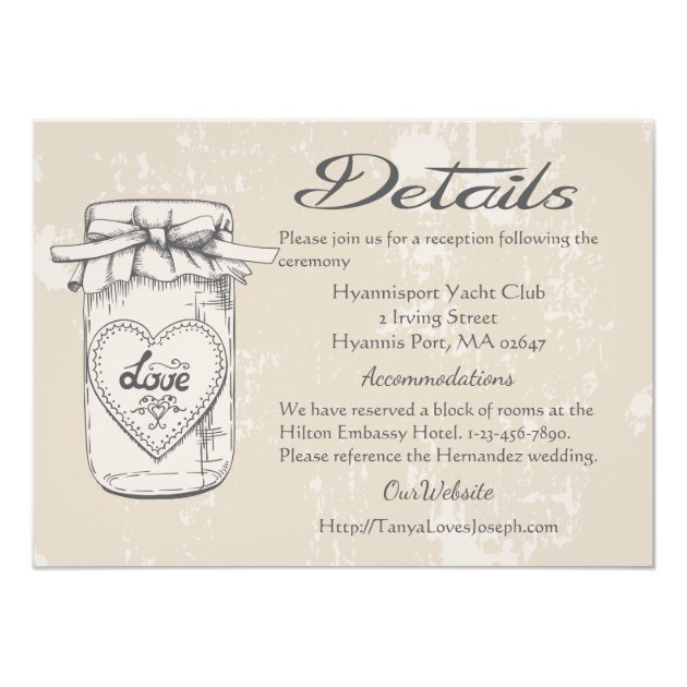 Rustic Tan Details Wedding Mason Jar Hearts Card