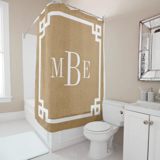 Rustic Tan Greek Key Border Monogram | Farmhouse Shower Curtain | Zazzle