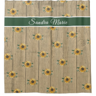 Rustic Tan Green Golden Yellow Sunflower Wood Shower Curtain